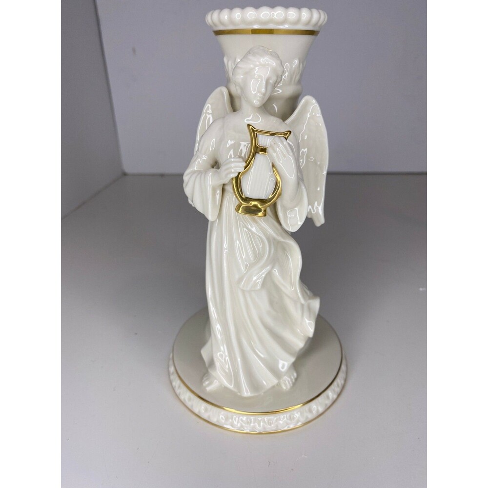 Lenox Porcelain White Angel With Harp Candle Stick Holder And Gold Accents 6.75 - Picture 5 of 7